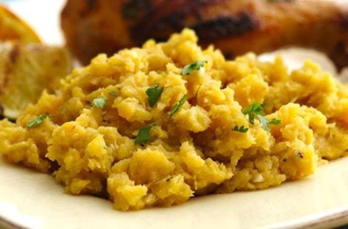 Chilean guachasca, a rustic mash of potatoes, squash, cabbage, and carrot served with fried chorizo