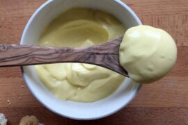 Homemade Chilean mayonnaise made with an immersion blender, thick and creamy in a bowl
