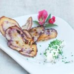 Baked purple Chilote native potato chips with merkén and a chive cream cheese dip