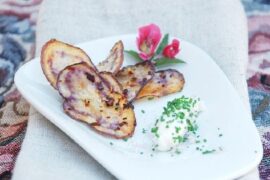 Baked purple Chilote native potato chips with merkén and a chive cream cheese dip