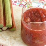 Chilean rhubarb compote poached in red wine syrup with citrus peel