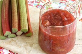 Chilean rhubarb compote poached in red wine syrup with citrus peel