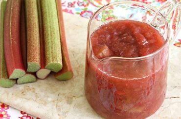 Chilean rhubarb compote poached in red wine syrup with citrus peel