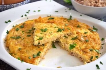 Chilean tuna omelette, tortilla de atún, golden and cut into wedges