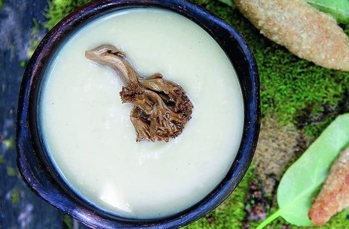 Chilote garlic cream soup topped with sautéed changle mushrooms in a clay bowl