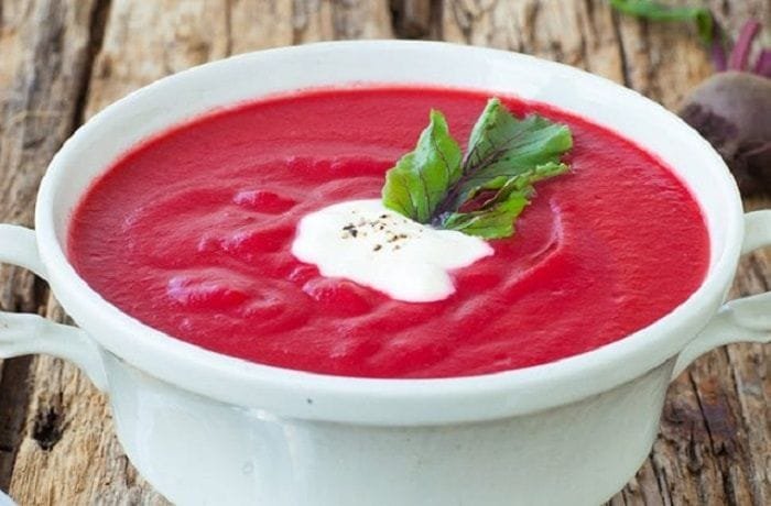 Cold beet and yogurt soup with basil