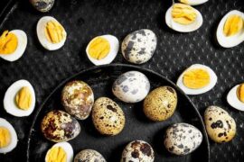 Hard boiled quail eggs, peeled and whole