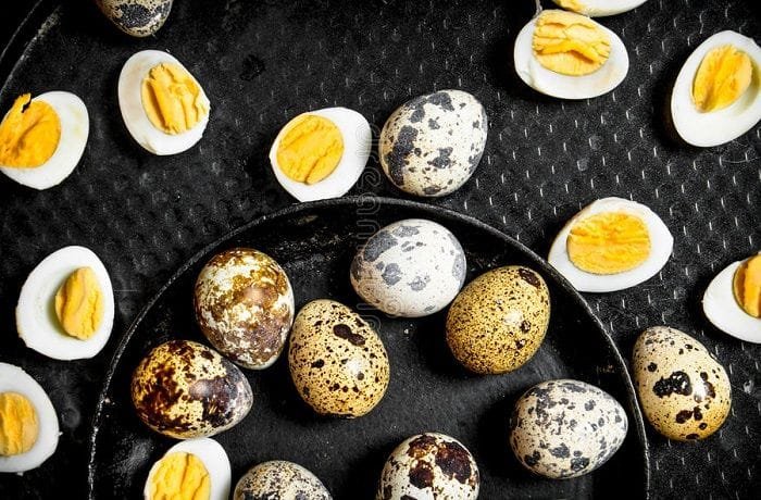 Hard boiled quail eggs, peeled and whole