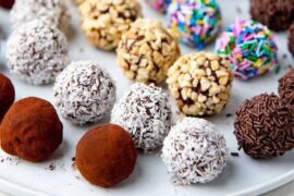 Homemade chocolate truffles rolled in cocoa powder