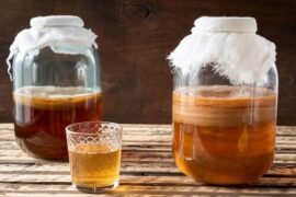Homemade kombucha in glass jars