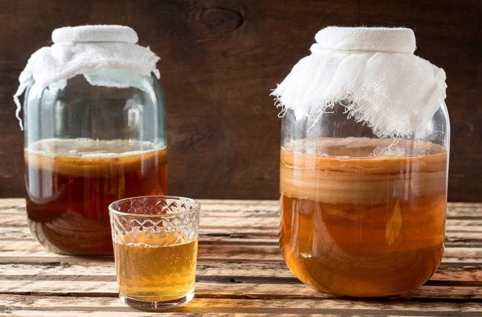 Homemade kombucha in glass jars