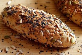 Homemade multigrain bread loaves covered in oats and seeds, sliced to show the crumb