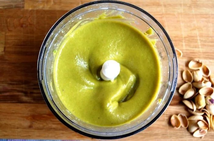 Homemade green pistachio cream in a jar