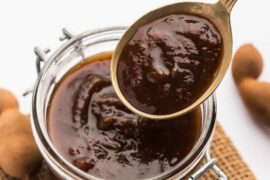 Homemade sweet and sour tamarind sauce in a bowl