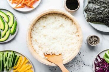 Seasoned Japanese sushi rice in a bowl