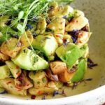 Mushroom ceviche with avocado, cilantro, and red bell pepper
