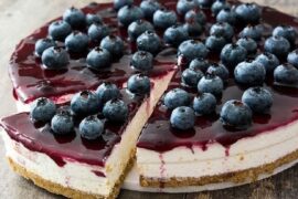 No bake Chilean blueberry cheesecake topped with blueberry sauce