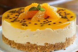 No bake passion fruit cheesecake with a glossy passion fruit topping