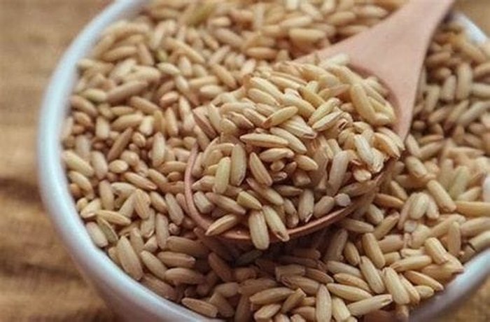 Raw brown rice grains before rinsing and toasting