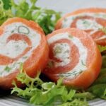 Smoked salmon roulade sliced into spirals
