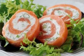 Smoked salmon roulade sliced into spirals