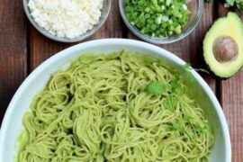 Spaghetti tossed in a creamy avocado sauce with cilantro and parmesan