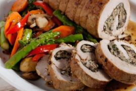 Oven baked pork loin stuffed with spinach and mushrooms, sliced