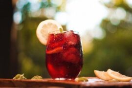 Tinto de verano, red wine with lemon soda, ice, and lemon slices